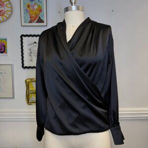 NWT She + Sky Satin Wrap Long Sleeve Top Femme Officecore Siren Elegant Size S